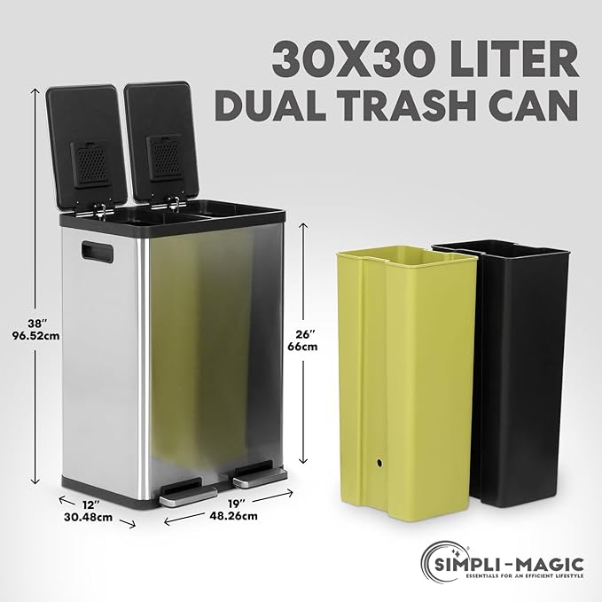 Simpli-Magic 16 Gallon (60L) Step Trash Can – Dual Compartment Kitchen Garbage Can with Waste & Recycling Bins – Slow-Close Lid, Odor Control, Hands-Free, Inner Bases, Premium Stainless Steel