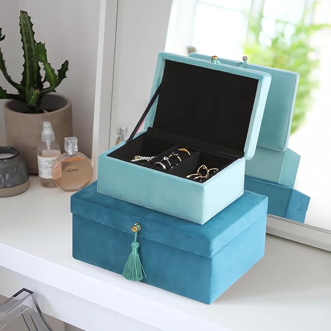 HofferRuffer Velvet Jewelry Boxes Decorative Boxes, Storage Accessory Organizer Boxes with Elegant Handle Decor, Classic Velvet Set of 2 Pieces (Blue)