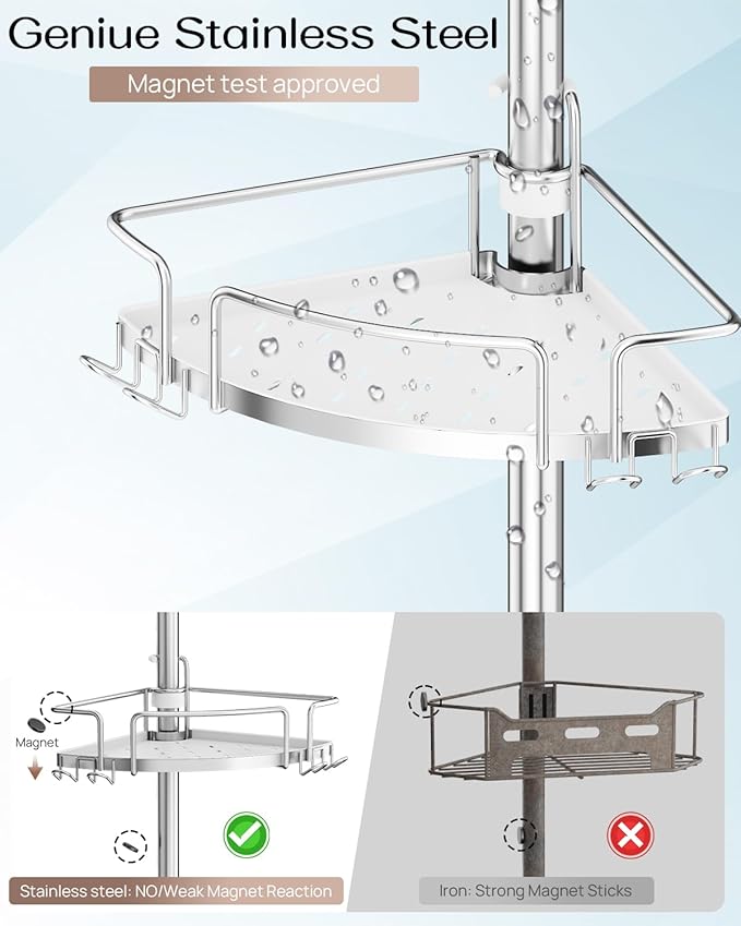 ALLZONE Corner Shower Caddy Tension Pole, 4 Hang-On Basket with Mixed-Height Shelves for Various Bottle Sizes, Extra Hooks & Soap Holder, Rustproof Stainless Steel, Fits 34–116 Inch, Silver/White