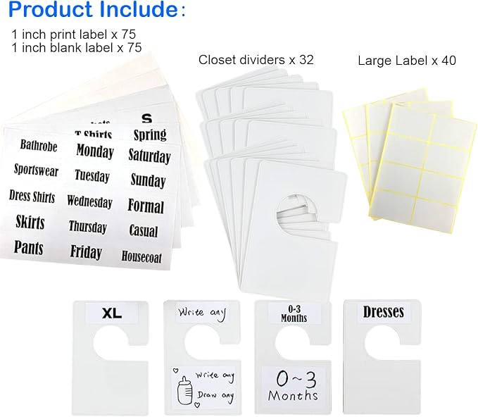 32 Pack White Clothing Rack Size Dividers Plus 150 Labels (1 Inch) and 40 Large Blank Labels, Large Rectangular Clothing Closet Dividers (Pearl White)