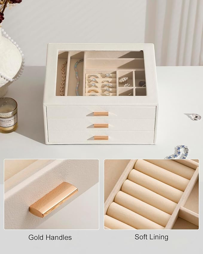 Jewelry Box with Glass Lid,3-Layer Jewelry Boxes for Women,PU Leather Jewelry Organizer with 20-Grid Earring Drawer & Movable Dividers for Necklaces Rings - Cloud White