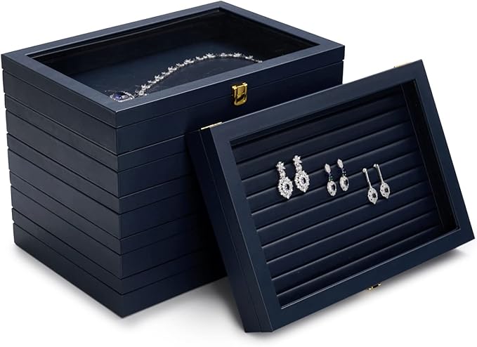 Oirlv Premium Blue Leather Flat Jewelry Tray with Acrylic Lid Jewelry Organizer Case Showcase Big Necklace Display Organizer Box with Locks for Security