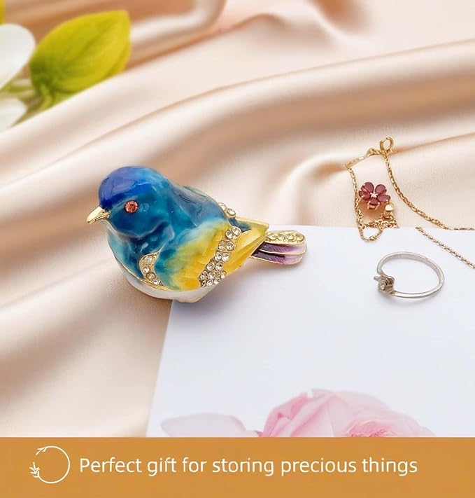JWT Astyle Blue Mountain Bird Hinged Trinket Box with Crystal Stones .Animal Jewelry Box.Necklace Rings Earrings Storage.Bird Figurines Home Decor,Collectible Trinket Boxes Gift ., Blue Yellow