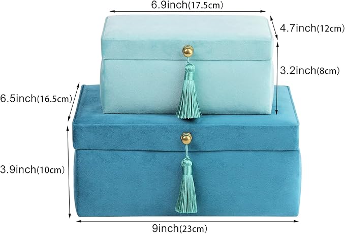 HofferRuffer Velvet Jewelry Boxes Decorative Boxes, Storage Accessory Organizer Boxes with Elegant Handle Decor, Classic Velvet Set of 2 Pieces (Blue)