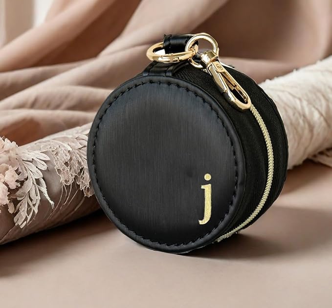 COLLECTIVE HOME - Monogrammed Letter Jewelry Case, Portable Travel Ring Holder Box with Keychain, Personalized Initial Organizer for Earrings Necklaces, Gift for Her (Black-j)