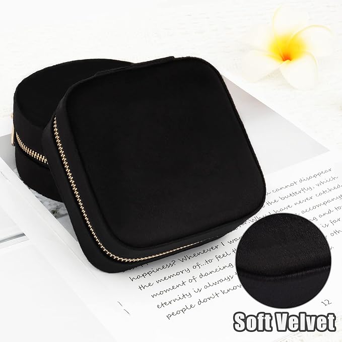 DesignSter Travel Jewelry Box - Velvet Jewelry Organizer, Small Jewelry Case, Jewelry Storage Box for Rings Earrings Necklace (Square, Black)
