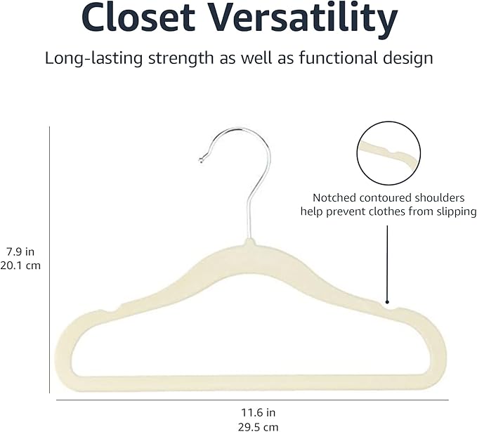 Amazon Basics Kids Space Saving Velvet Non-Slip Clothes Hangers with Shoulder Notches for Infant and Toddler, 11.6", Beige, 50-Pack