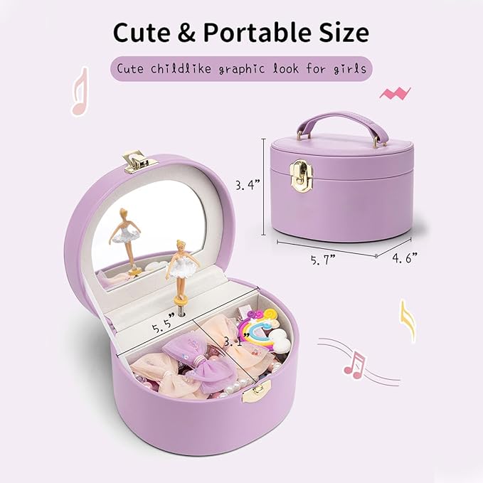 VLANDO Musical Jewelry Box for Girls, Small Kid Music Box with Ballerina for Party Bedroom Decor, Bithday Gift for Girl - Purple