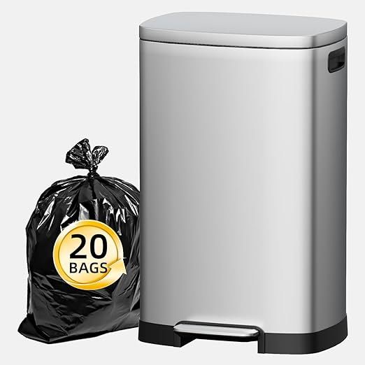 KUK 13 Gallon/50L Stainless Steel Kitchen Trash Can with Lid and Step Pedal-Large Capacity Garbage Bin with Odor Seal, Silent Close Lid, Removable Inner Bucket for Home, Kitchen, Bedroom, Office