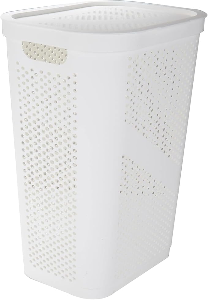 Slim Laundry Hamper with Lid, 60L Clothes Basket, Plastic laundry basket,for Home Storage Clothes Organizer, Laundry Room, College Dorm White