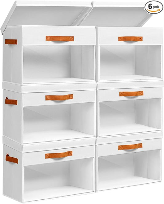 Homsorout Large Storage Bins with Lids - 6 Pack Foldable Decorative Organizers with Clear Windows & Handles, Cube Storage Organizers for Clothes, Blankets, Sweaters, CD, White