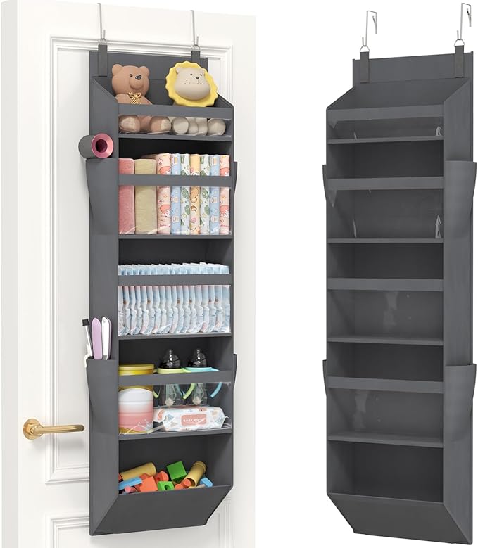 Lifewit 1 Pack Over the Door Organizer, 5 Section Clear Window Hanging Storage with 4 Side Pockets, Sturdy Anti Tilt 40 lbs Load Behind Door for Closet, Bedroom, Bathroom, Nursery, Dorm, Gray