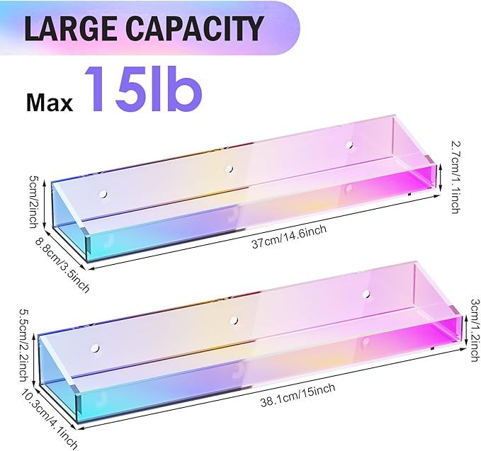 Bakzon 2 Pack Acrylic Shelves for Wall Storage, 15" Floating Shelves, Kids Bookshelf, Nail Polish Holder, Perfume Display Shelf Organizer for Bathroom, Bedroom, Living Room, Iridescent