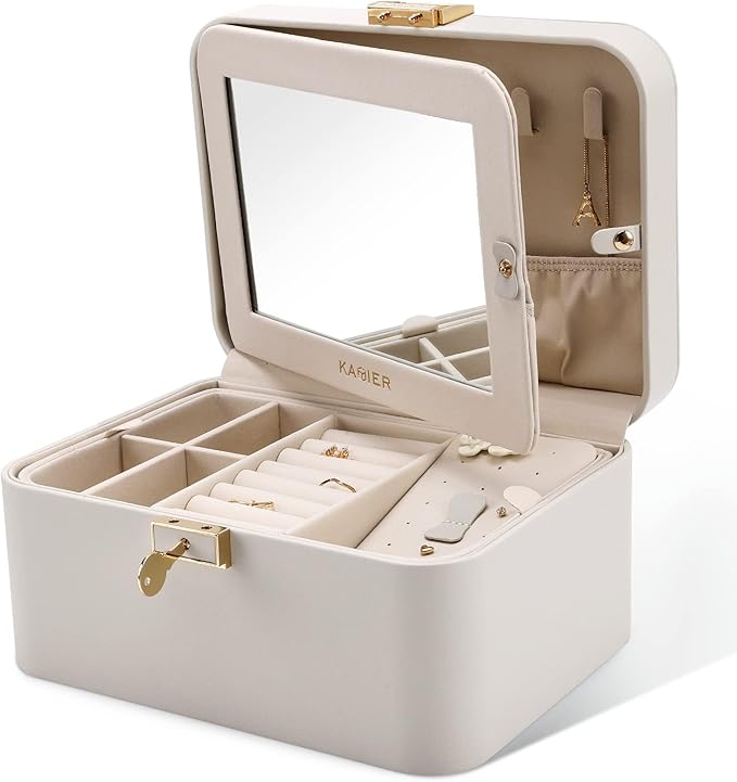 KAMIER Jewelry Box, 2 Layers PU Leather Jewelry Organizer Box, Large Capacity, Double Lock and Large Mirror, Hidden Necklace Hooks, Removable Dividers, Grey