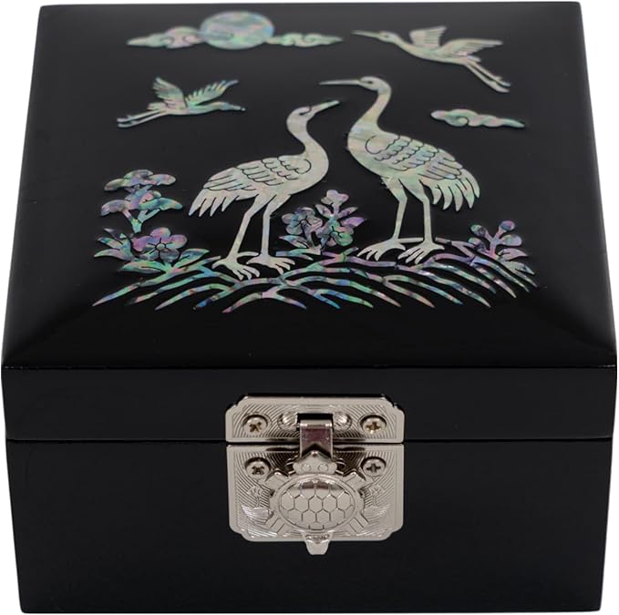 February Mountain Mother of Pearl Mini Jewelry Box - Organizer for Earring Necklace Ring & Bracelet Jewelry Display Storage Case for Woman Unique Gifts (Crane_Black)