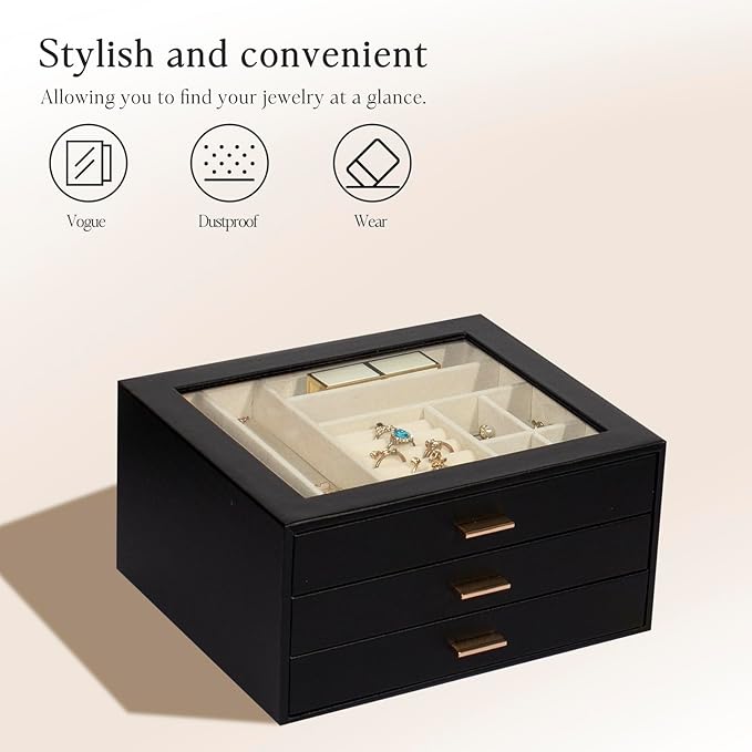 Jewelry Box with Glass Lid, 3-Layer Jewelry Organizer for Women Girls, PU Leather Display Case with 20-Grid Earring Tray & Movable Dividers for Necklaces Rings,Black