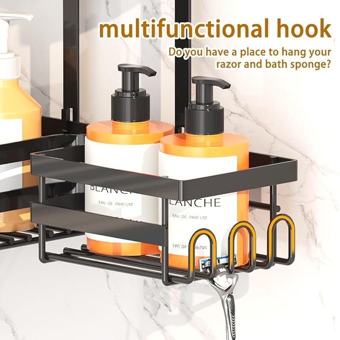 Over the Shower Head Caddy for Handheld Showerhead - Rustproof Hanging Shower Organizer, No Drill 2-Tier Bathroom Storage Shelf with Soap Holder, Black