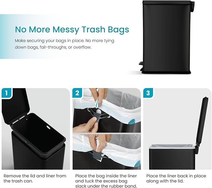 Home Zone Living 8 Gallon Slim Kitchen Trash Can with Soft Close Lid, Step Pedal, Bag Tuck Band, and Removable Liner, Stainless Steel, Matte Black
