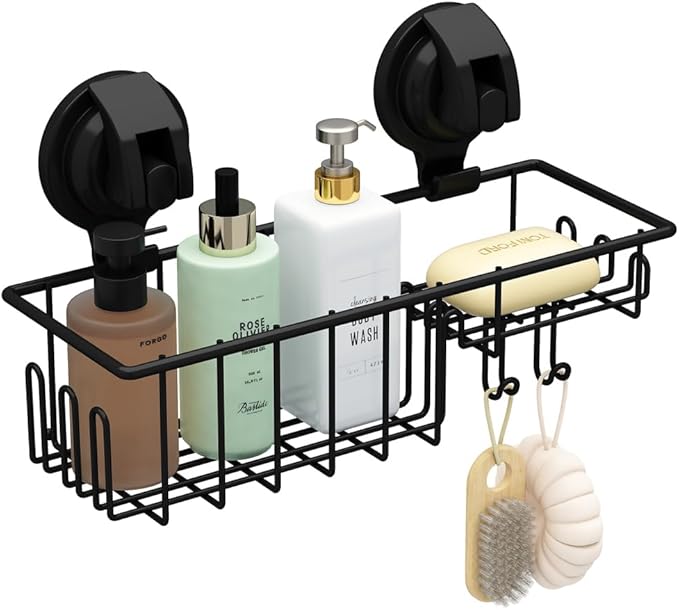 TESOT Suction Cup Shower Caddy, Shower Shelf Soap Dish with Hooks for Sponge, Rust Proof 304 Stainless Steel, Black