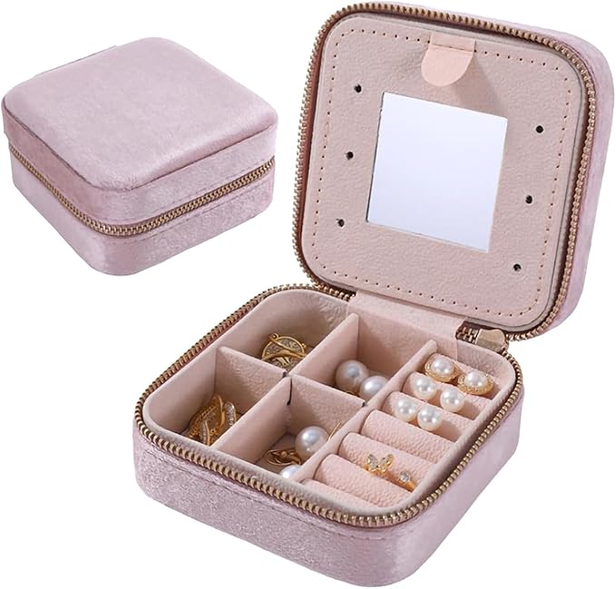 Personalized Velvet Travel Jewelry Case Jewelry Box For Women Ring Necklace Earring Holder Organizer Boxes With Mirror For Girls Jewelry Birthday Gifts For Mom Initial (Pink, Blank)
