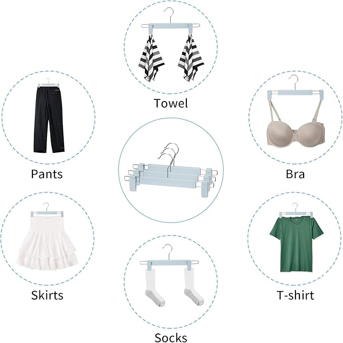 Skirt Hangers，Pants Hangers with Clips，360 ° Swivel Hooks Space Saving Hangers for Pants, Skirts, Clothes, Jeans (10Pack, Light Blue)