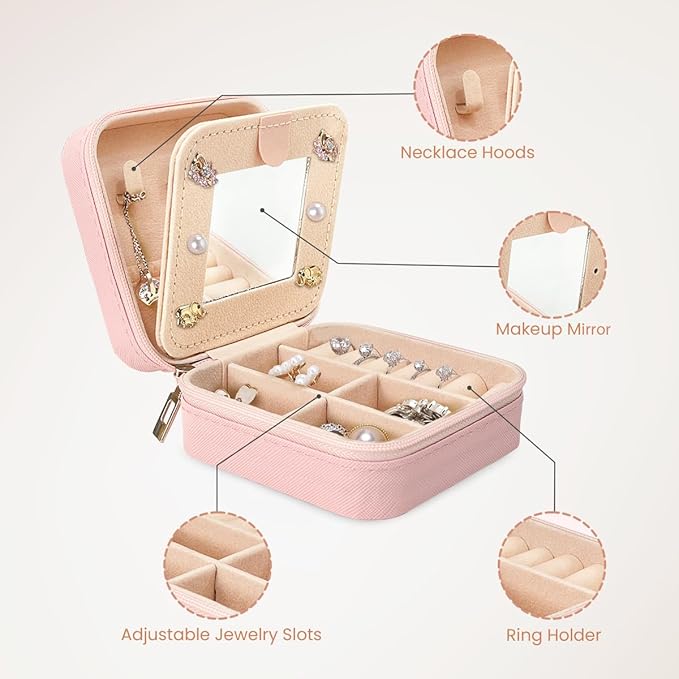 SANDJEST Personalized Jewelry Box, Pink Travel Jewelry Box with Initial S, Small Monogrammed Jewelry Case Organizer for Girls Women Teen Kids, Mini Travel Essentials Gifts for Birthday Christmas