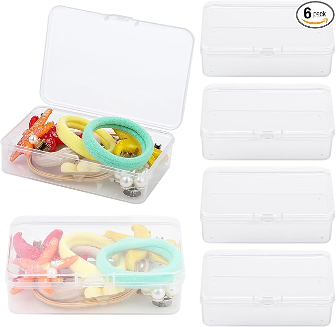 BATTIPAW 6PCS Hair Tie Organizer,Transparent Mini Storage Box,Rectangle Clear Plastic Beads Storage Containers Box,Portable Small Items Holder with Lid for Home, Offices, Business Trips, Travels