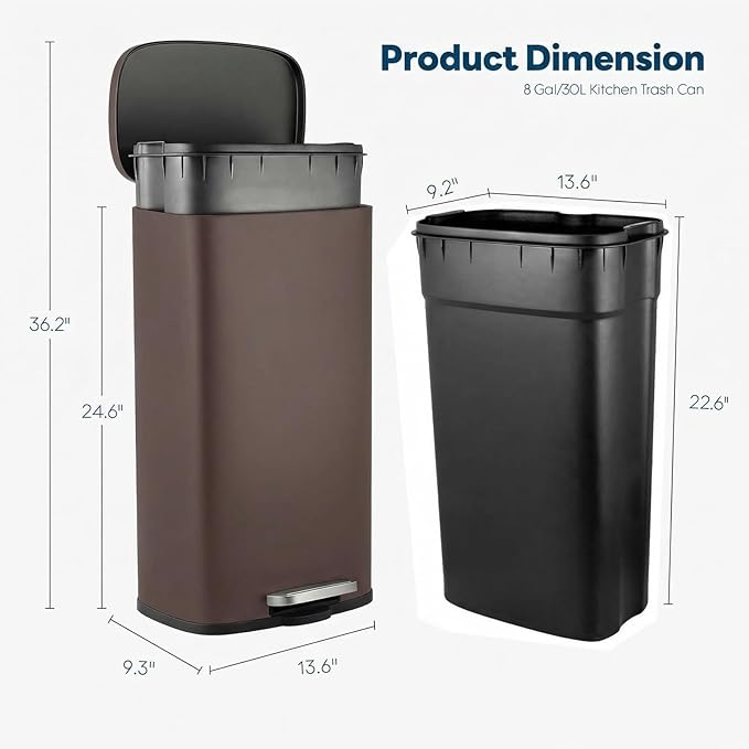 8 Gal Kitchen Trash Can, 30L Recycling or Garbage Bin, Brushed Stainless Steel Waste Basket, Soft&Quiet Close Dustbin, with Step-On Pedal, Removable Inner Bucket, for Home, Office, Living Room