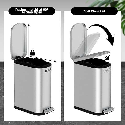 KSSKSS 2.6 Gallon Slim Bathroom Trash Can with Soft Close Lid, 10L Stainless Steel Garbage Can with Removable Liner Bucket, for Narrow Spaces,Bathroom, Bedroom (Silver)