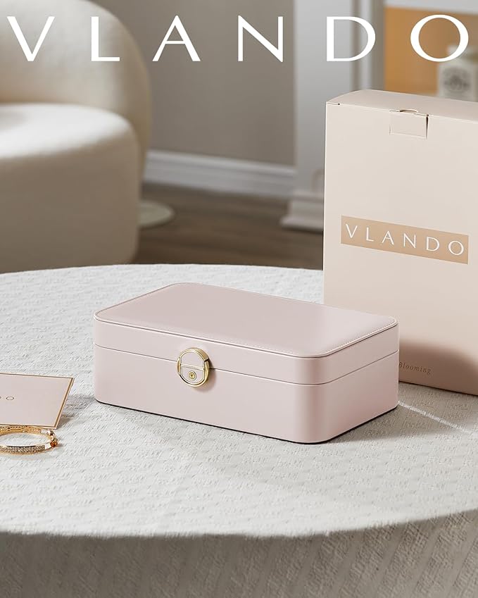 VLANDO 2 Layer Jewelry Box,Jewelry Organizer Storage Lockable Earring Organizer Removable Jewelry Tray with Watch Pillow for Neckable Ring Bracelets-Apricot Pink