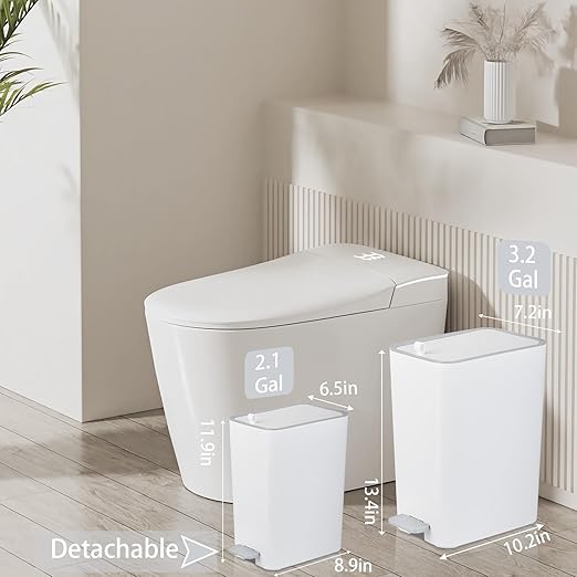 rejomiik Small Bathroom Trash Can with Lid, 3.2 Gallon Step Garbage Can with Handle, Slim Mini Wastebasket Bin for Bedroom, Office, Dorm, White