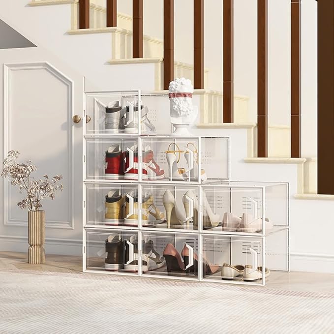 SEE SPRING XX-Large Shoe Storage Box Fit Size 14, Clear Plastic Stackable Shoe Organizer for Closet, Space Saving Sneaker Shoe Rack Containers Bins Holders for Entryway, 12 Pack Clear