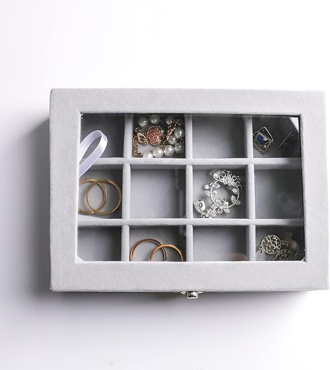 Frebeauty Jewelry Organizer Tray with Clear Lid, 12 Grid Velvet Drawer Insert Storage Box with Transparent Lid Display Case Gift for Women (Grey, 12 Grid)