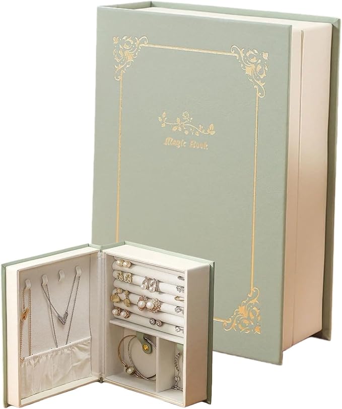 Book Jewelry Organizer Box with Magnetic Closure, PU Leather Double-Sided Jewelry Storage for Rings Necklaces Earring, Travle Jewelry Case Gift for Mom