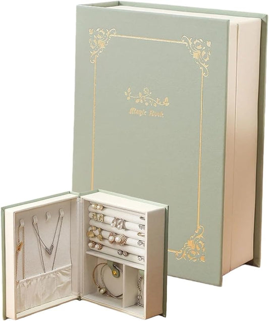 Book Jewelry Organizer Box with Magnetic Closure, PU Leather Double-Sided Jewelry Storage for Rings Necklaces Earring, Travle Jewelry Case Gift for Mom