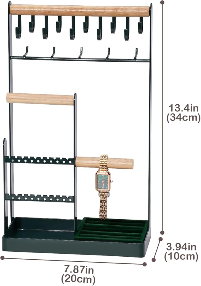 ProCase Jewelry Stand Holder Organizer, 5-Tier Necklace Holder with Ring Tray, 15 Hooks Necklaces Hanging Small Jewelry Display Storage Tower Tree for Bracelets Earrings Watches -Large, Green