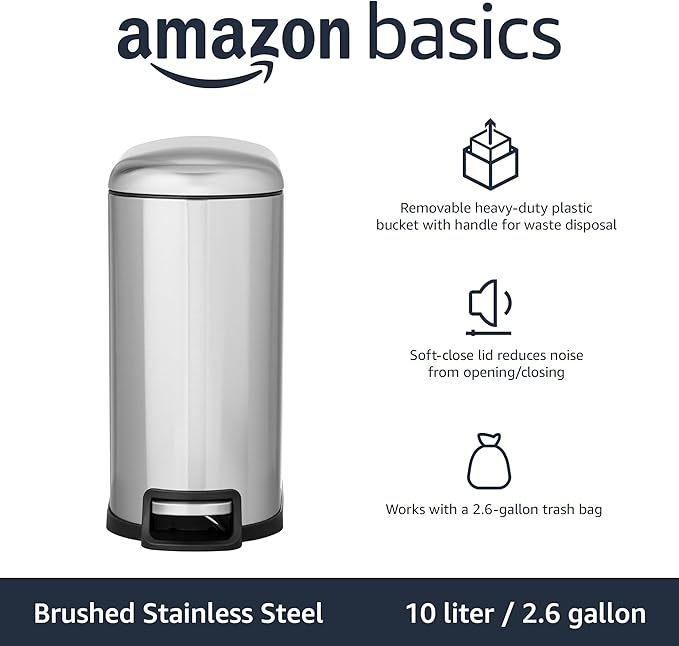 Amazon Basics D-Shaped Small Trash Can with Soft-Close Step Pedal, Removable Inner Bucket, Carrying Handle, Smudge Resistant, 10 l / 2.6 gallon, Silver