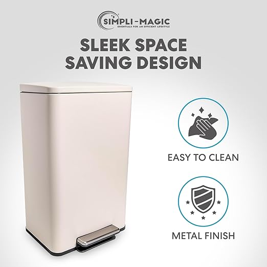 Simpli-Magic 50 Liter / 13.2 Gallon Soft-Close, Smudge Resistant Trash Can with Foot Pedal and Built in Filter- White Color