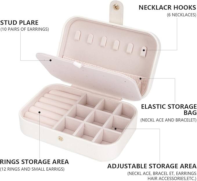 FEISCON Travel Jewelry Box, Jewelry Organizer for Girls Gift Small Jewelry Storage Box for Necklace Ring and Earrings Girls Jewelry Box/WHITE