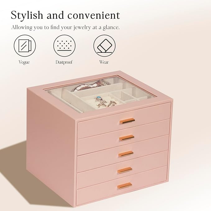 Jewelry Box with Glass Lid, 5-Layer Jewelry Organizer for Women Girls, PU Leather Display Case with 20-Grid Earring Tray & Movable Dividers for Necklaces Rings,Pink