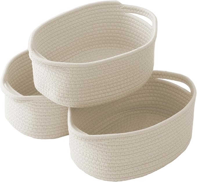 JMvicyroam Woven Basket,Small Rope Storage Bin with Handles & Ribbon Bag, Organizer for Shelves Closets,Gift Basket Empty for Birthday,Books,Dog Toys,White/3 Pack