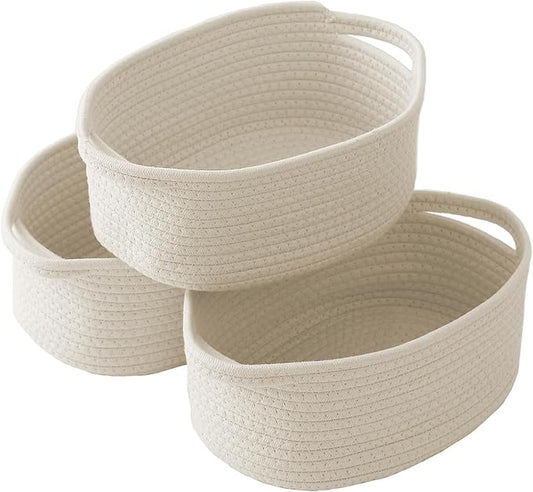 JMvicyroam Woven Basket,Small Rope Storage Bin with Handles & Ribbon Bag, Organizer for Shelves Closets,Gift Basket Empty for Birthday,Books,Dog Toys,White/3 Pack