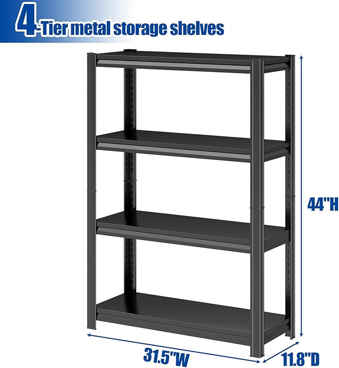 PRESTELION 4 Tier Storage Shelves 800LBS Metal Heavy-Duty Shelving Adjustable Shelving Unit for Laundry Bathroom Kitchen Pantry Closet Garage Office Black（44" H×31.5" W×11.8" D）
