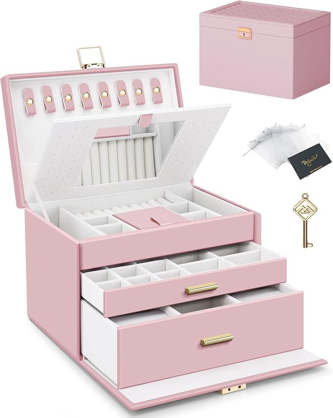 DesignSter Jewelry Box for Women Girl, 3-layer Lockable Jewelry Organizer with Mirror, Large Leather Jewelry Case for Earring Necklace Ring Bracelet Watch
