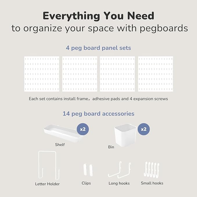 Keepo Peg Board Wall Organizer – Plastic Pegboard Panels, Modular Peg Board Storage System for Home Office, Craft Room, Gaming Setup (White, 22″×22″)