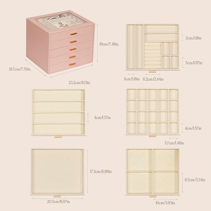 Jewelry Box with Glass Lid, 5-Layer Jewelry Organizer for Women Girls, PU Leather Display Case with 20-Grid Earring Tray & Movable Dividers for Necklaces Rings,Pink