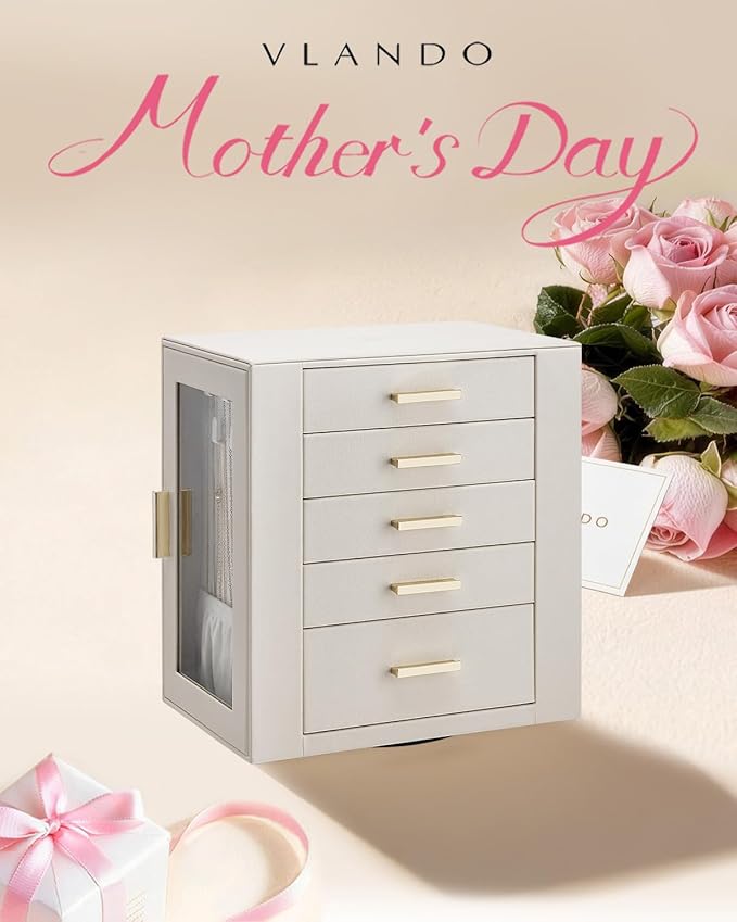 VLANDO 360ｰ Rotating Jewelry Box with 5 Drawers, Mothers Day Mom Gifts, Large Jewelry Storage with 2 Glass Window, PU Leather Jewelry Organizer for Bracelets, Necklaces, Earrings, Rings - Cloud White