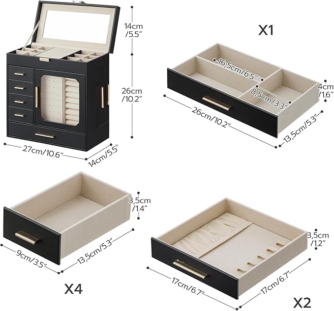HOOBRO Jewelry Box with Mirror, Jewelry Organizer Box with Capacious Storage Space, Jewelry Holder Organizer, Hand-Held Jewelry Case, Glass Cover, Modern Style, Black and Light Gold BK06JB04G1