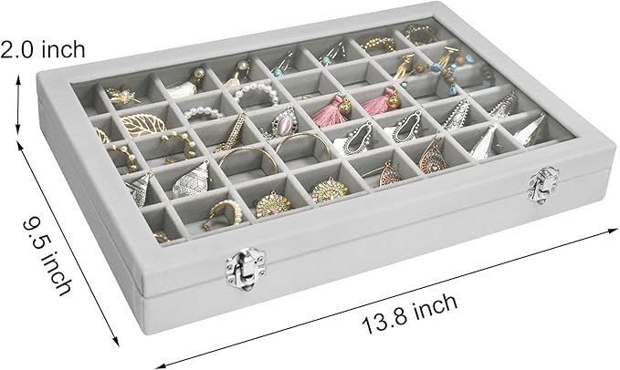 Siveit Velvet Jewelry Tray 48 Grid Jewelry Display Tray Organizer Box with Transparent Lid Rings Earrings Necklaces Pendants Display Box Suitable for Women and Girls (Grey)