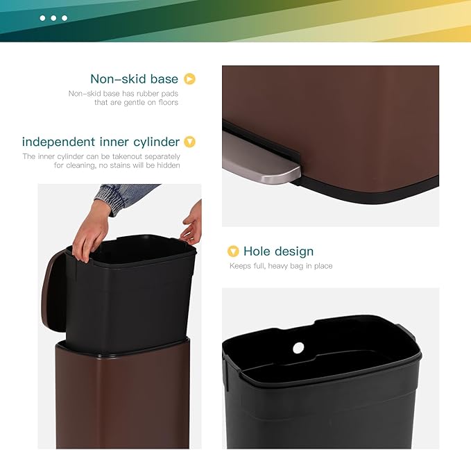 FDW | 13 Gallon Trash Can with Lid | Brown | Fingerprint-Proof | Made of Brushed Stainless Steel | Soft-Close Step Pedal | Hands-Free Use | Easy to Clean | for Kitchen, Office, Bathroom
